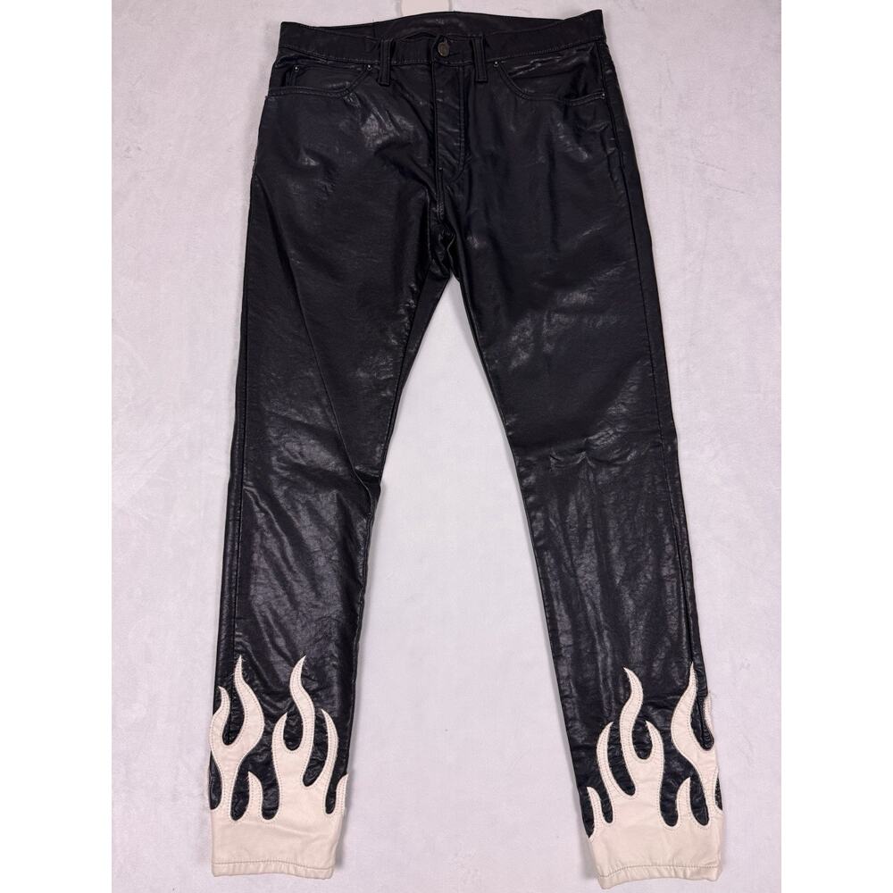MNML Flame Faux Leather Black Pants White Flames Mens 32 Skinny Button Fly Y2K